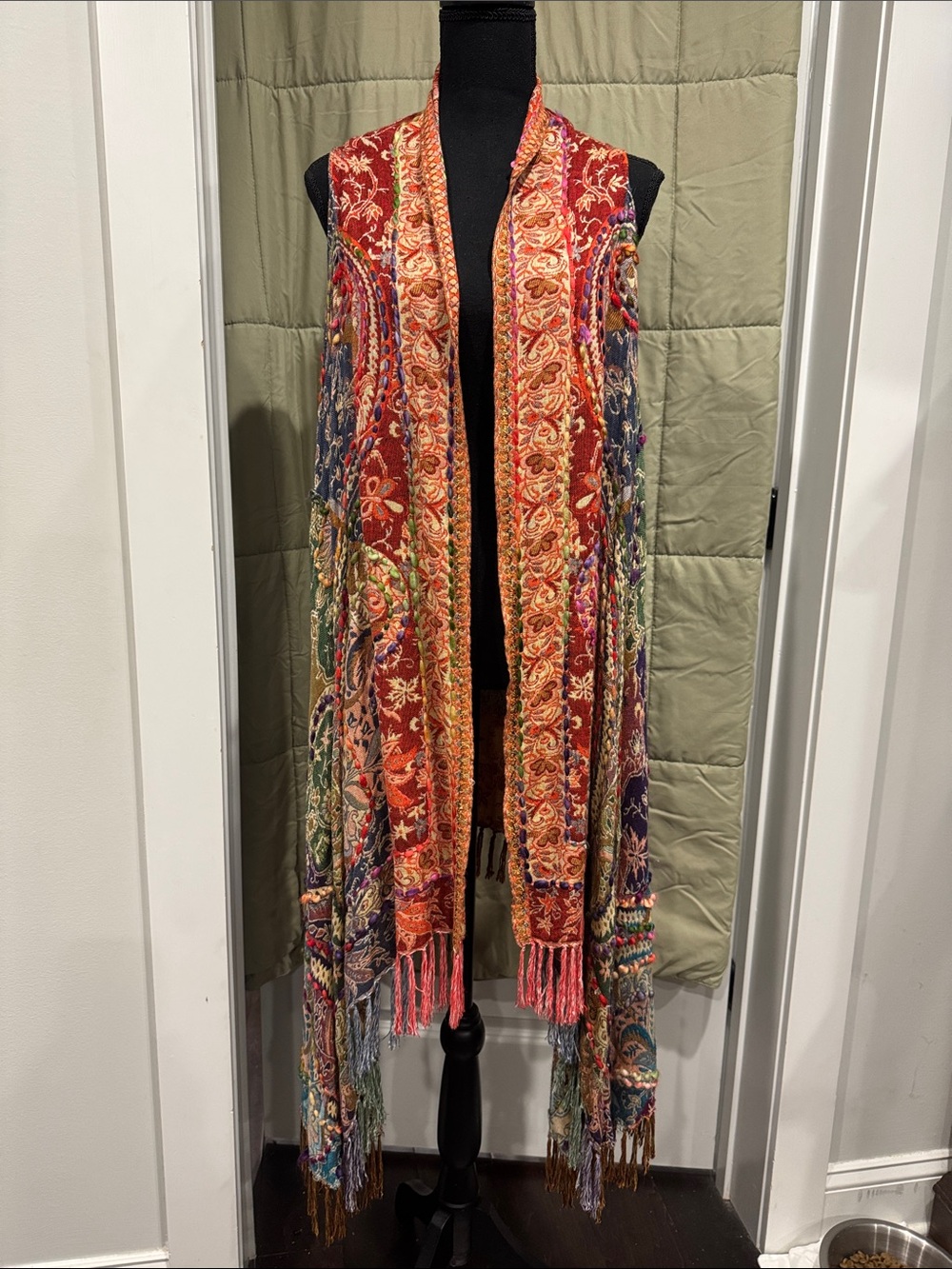 Boho Embroidered Fringe Long Vest - Red Multi